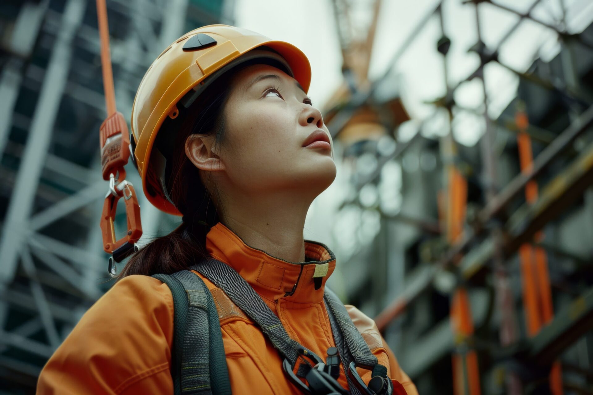 Yüksekte çalışma eğitimi sırasında güvenlik kemeri ve koruyucu ekipmanlarla çalışan işçi.